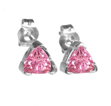 Load image into Gallery viewer, 1 Carat Trillion Pink Sapphire Earrings in 14k in White or Yellow Gold
