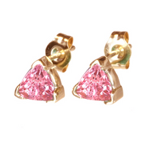 Load image into Gallery viewer, 0.75 Carat Trillion Pink Sapphire Earrings in 14k in White or Yellow Gold
